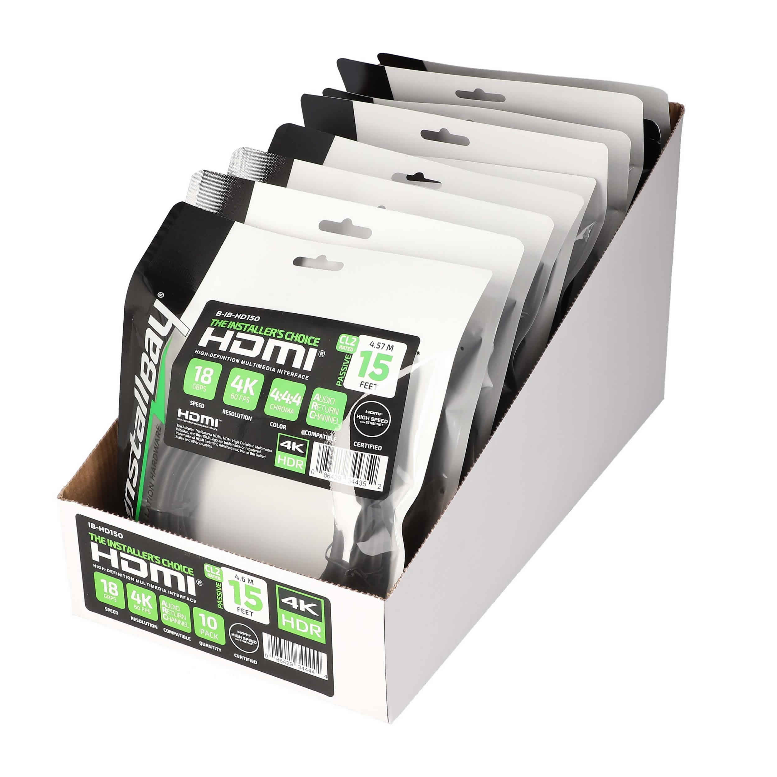 15FT HDMI CABLE 18GBPS HIGH SPEED, ARC/EARC, 10PK SHELF BOX