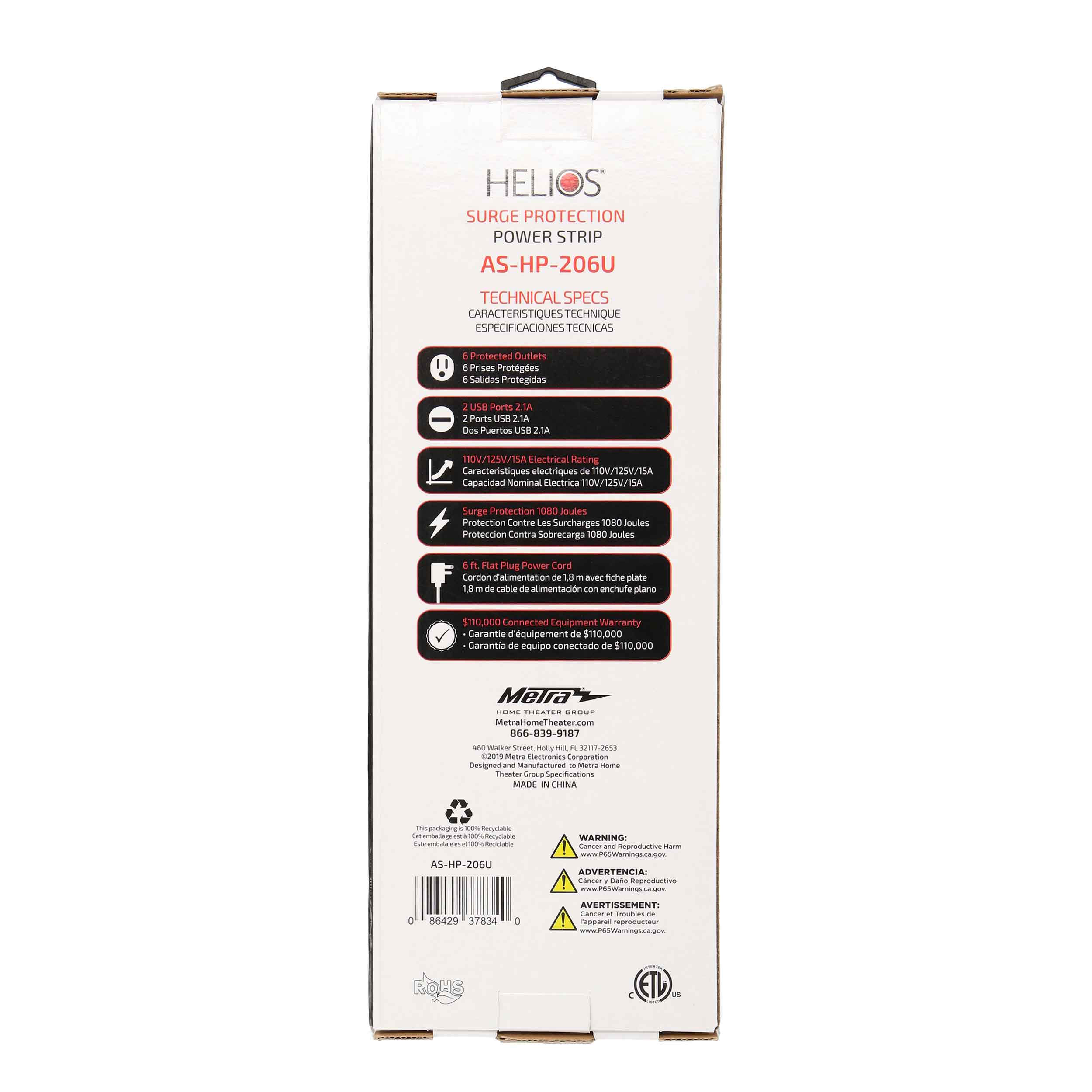 6-OUTLET 1080J SURGE PROTECTOR POWER STRIP WITH 2 USB 2.1A, RIGHT ANGLE PLUG, 6FT (BLACK)