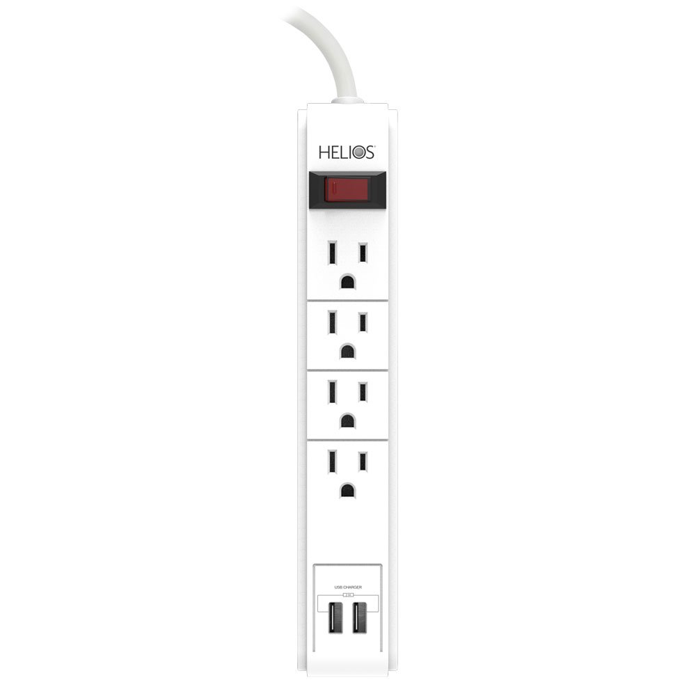 4-OUTLET 450J SURGE PROTECTOR POWER STRIP WITH 2 USB 2.1A, RIGHT ANGLE PLUG, 6FT (WHITE)