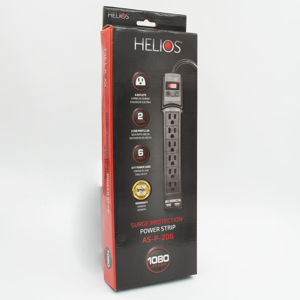 6-OUTLET 1080J SURGE PROTECTOR POWER STRIP WITH 2 USB 2.1A, STRAIGHT PLUG, 6FT (BLACK)