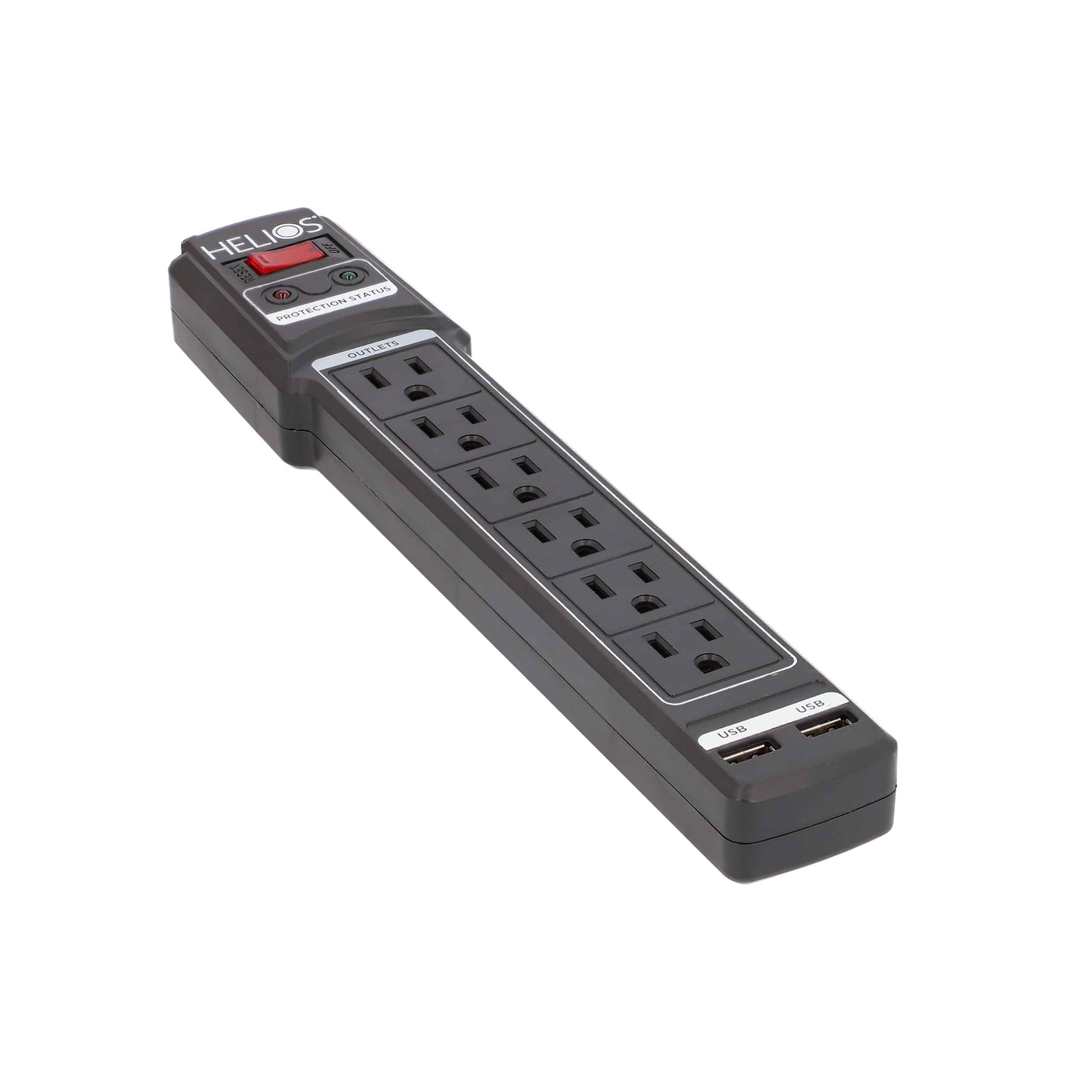 6-OUTLET 1080J SURGE PROTECTOR POWER STRIP WITH 2 USB 2.1A, RIGHT ANGLE PLUG, 6FT (BLACK)