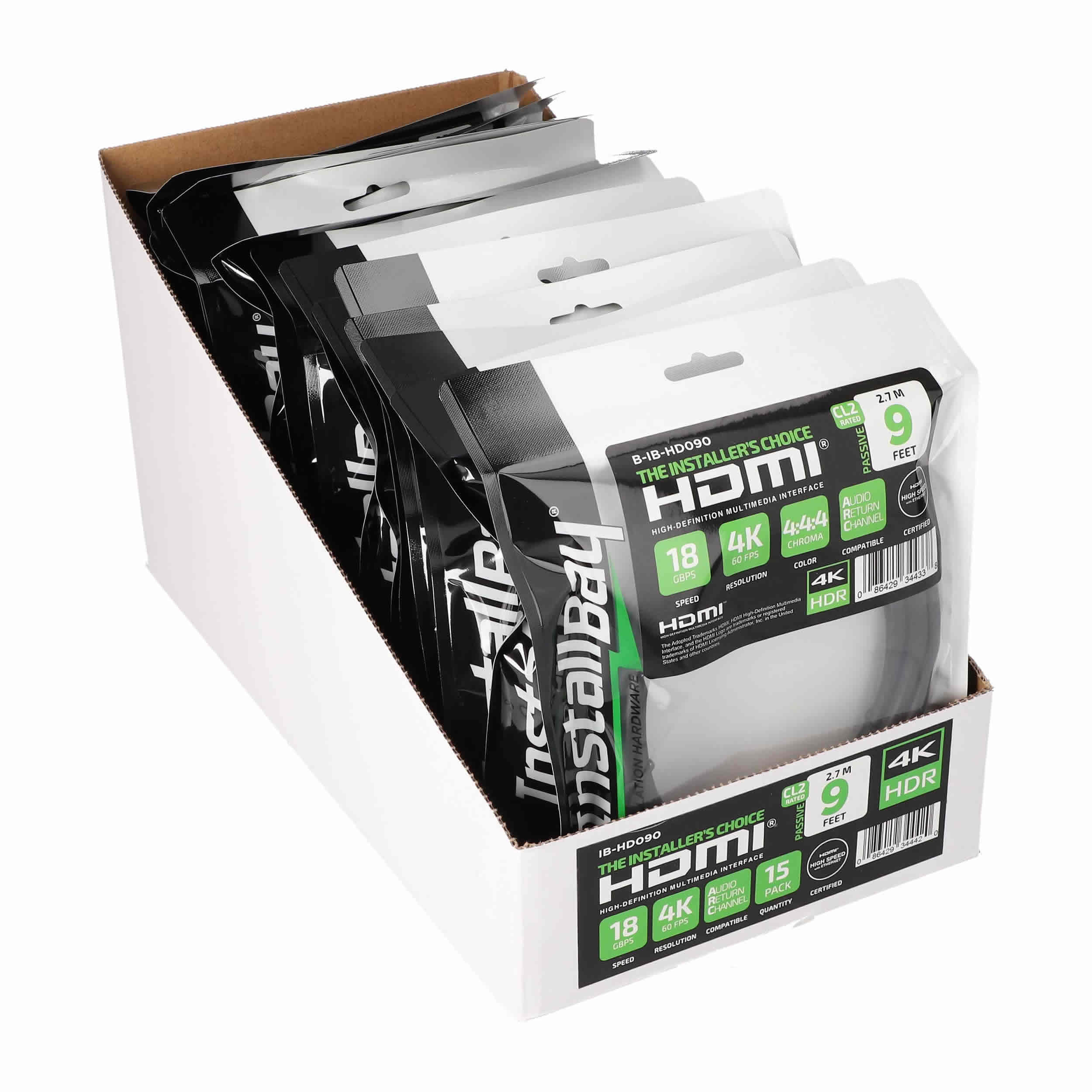 9FT HDMI CABLE 18GBPS HIGH SPEED, ARC/EARC, 15PK SHELF BOX
