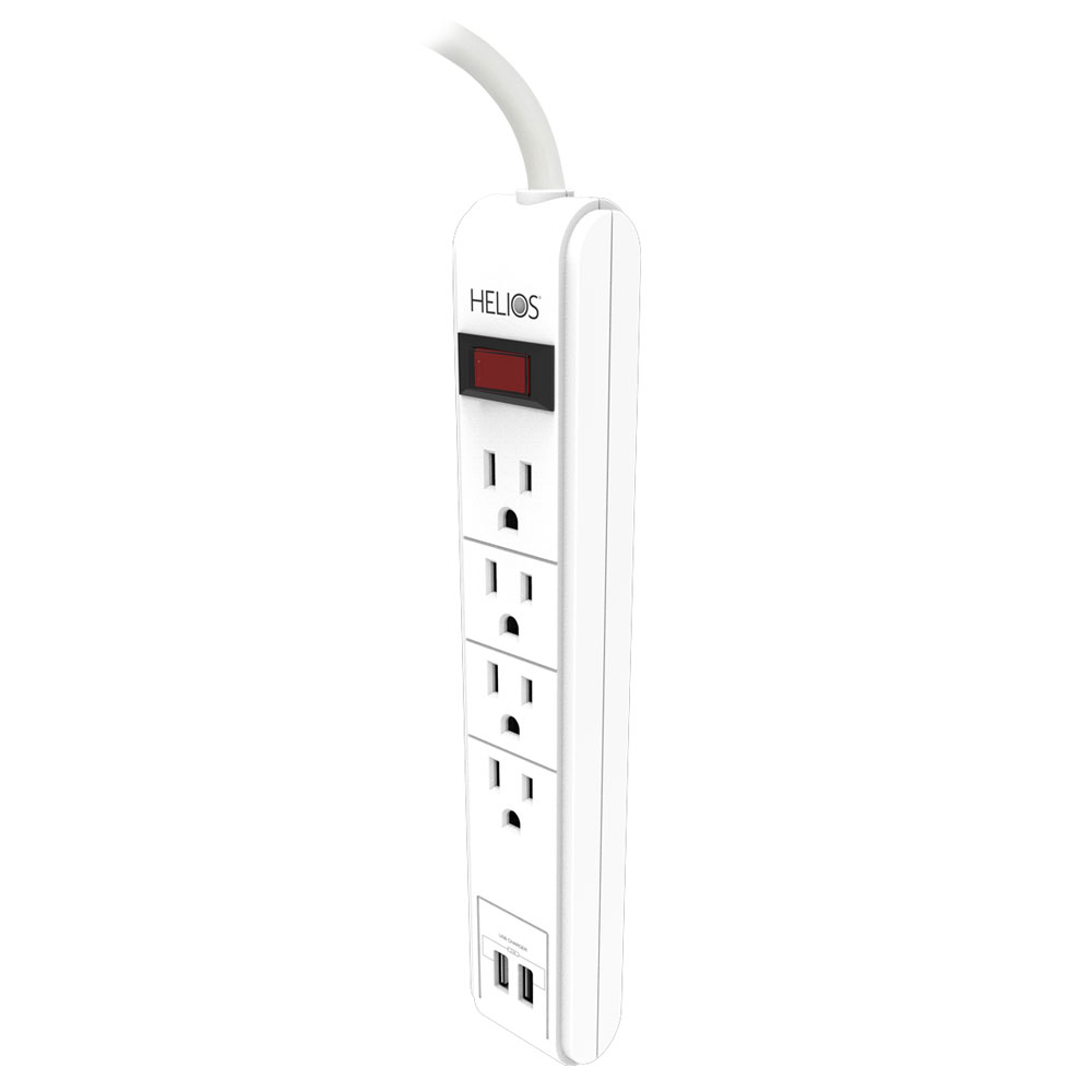 4-OUTLET 450J SURGE PROTECTOR POWER STRIP WITH 2 USB 2.1A, RIGHT ANGLE PLUG, 6FT (WHITE)
