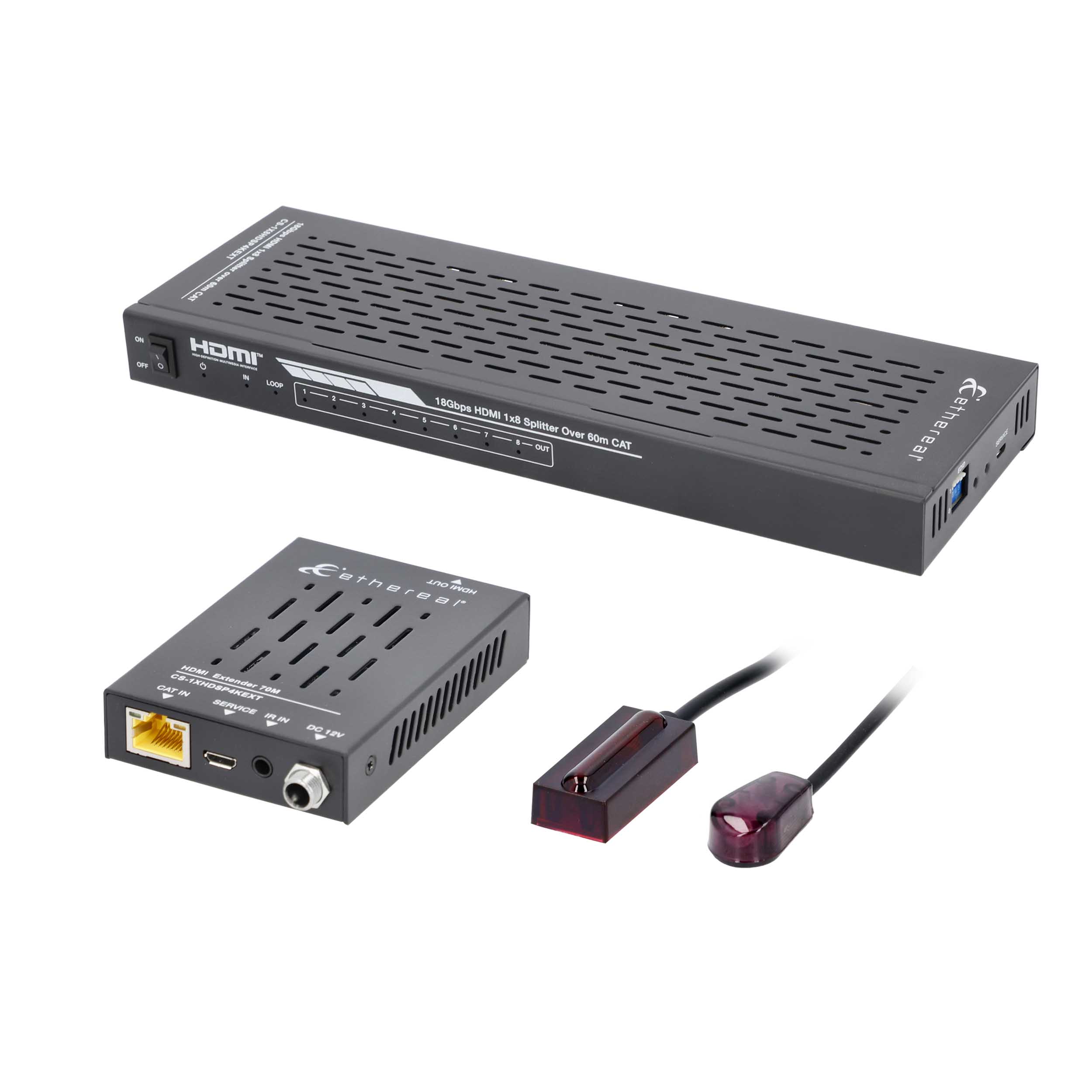 1X8 HDMI SPLITTER EXTENDER OVER CAT, IR PB, 18GBPS