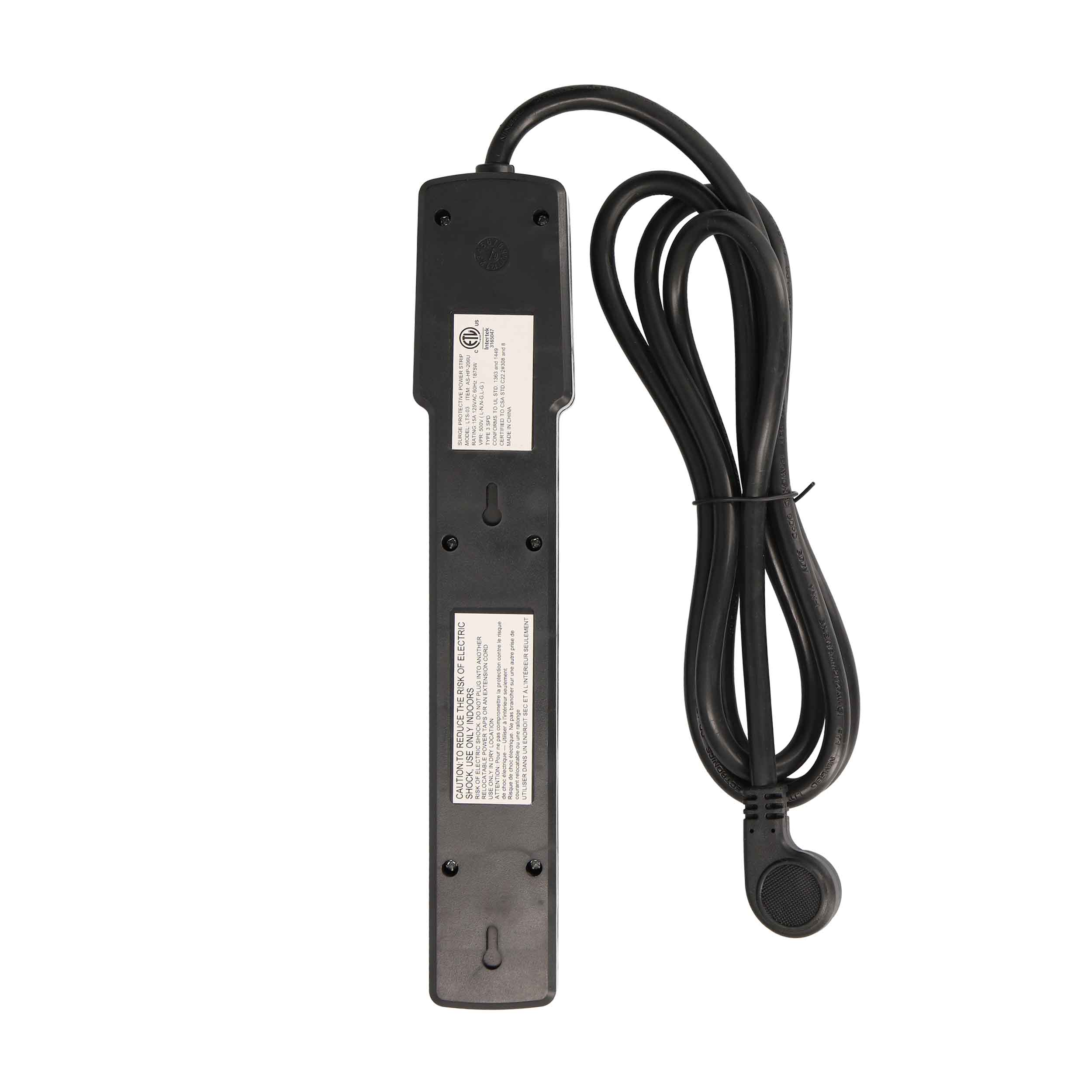 6-OUTLET 1080J SURGE PROTECTOR POWER STRIP WITH 2 USB 2.1A, RIGHT ANGLE PLUG, 6FT (BLACK)