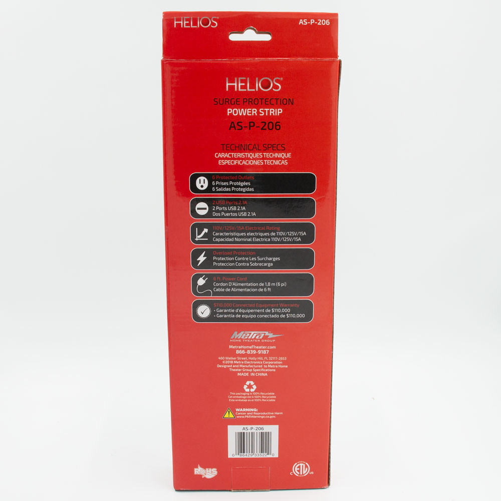 6-OUTLET 1080J SURGE PROTECTOR POWER STRIP WITH 2 USB 2.1A, STRAIGHT PLUG, 6FT (BLACK)