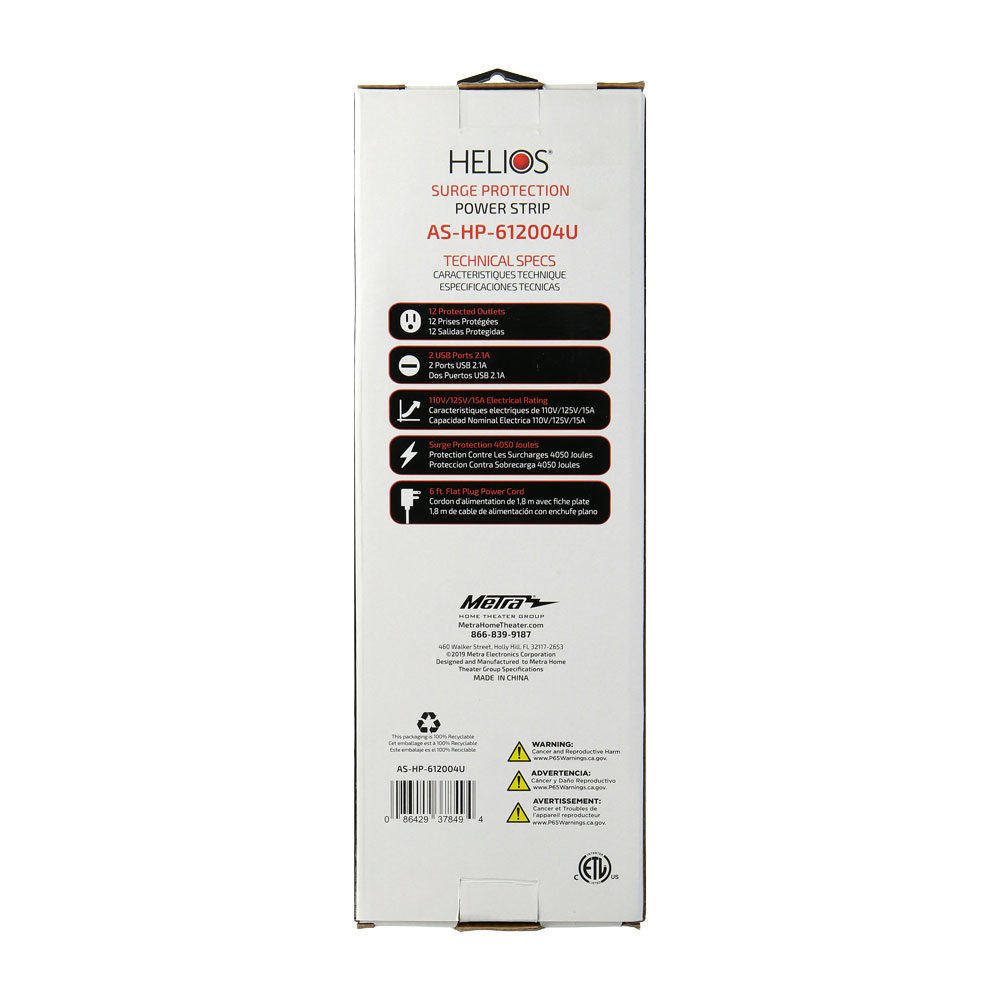 12-OUTLET 4050J SURGE PROTECTOR POWER STRIP WITH 2 USB 2.1A, RIGHT ANGLE PLUG, 6FT (WHITE)