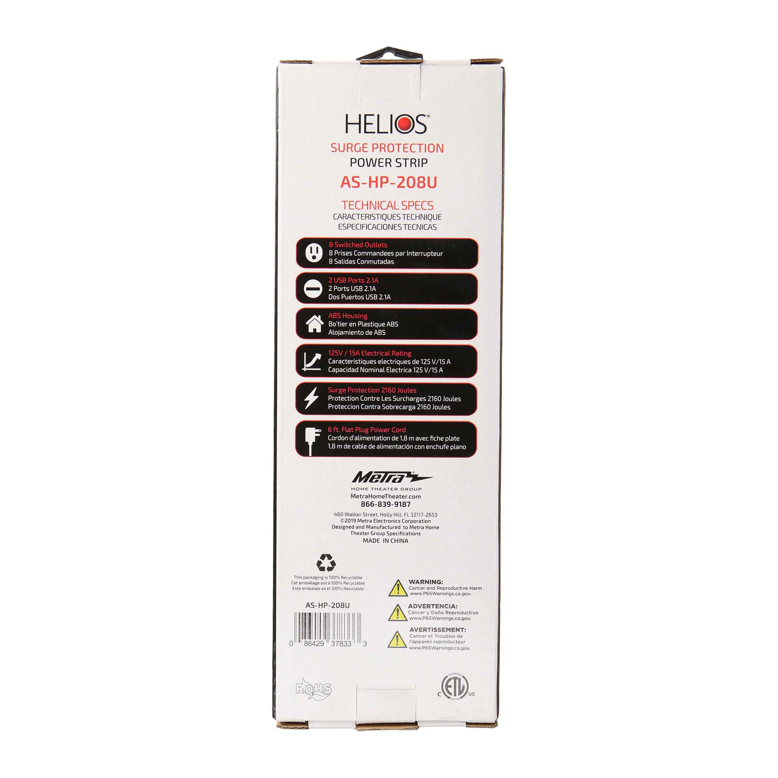 8-OUTLET 2160J SURGE PROTECTOR POWER STRIP WITH 2 USB 2.1A, RIGHT ANGLE PLUG, 6FT (BLACK)