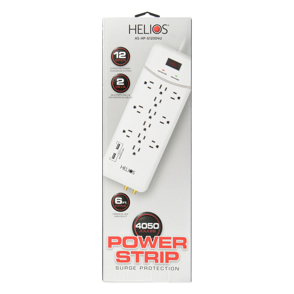 12-OUTLET 4050J SURGE PROTECTOR POWER STRIP WITH 2 USB 2.1A, RIGHT ANGLE PLUG, 6FT (WHITE)