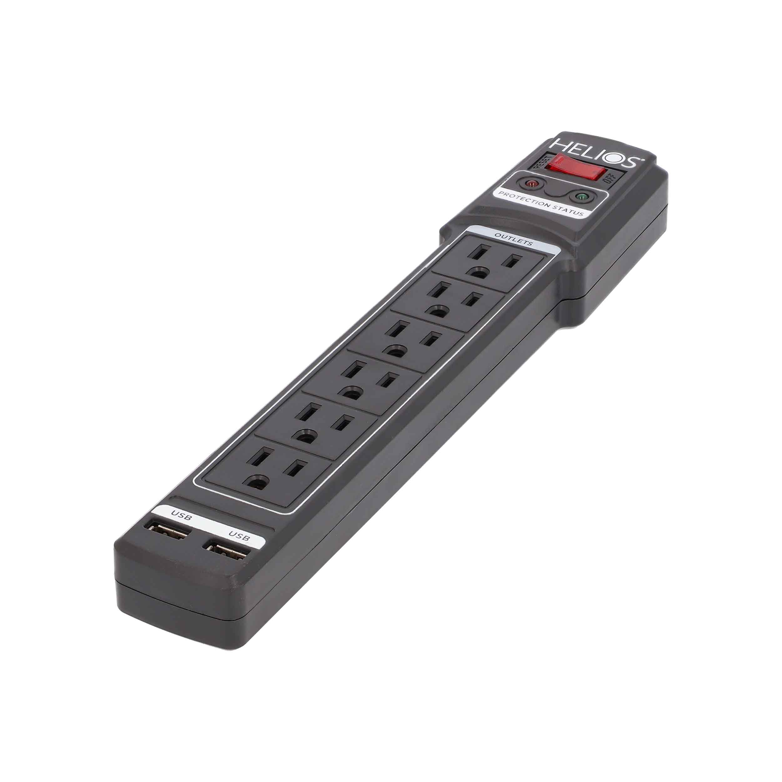 6-OUTLET 1080J SURGE PROTECTOR POWER STRIP WITH 2 USB 2.1A, RIGHT ANGLE PLUG, 6FT (BLACK)