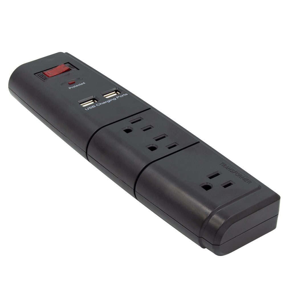 3-OUTLET 900J SURGE PROTECTOR POWER STRIP WITH 2 USB 2.1A, 4FT (BLACK)