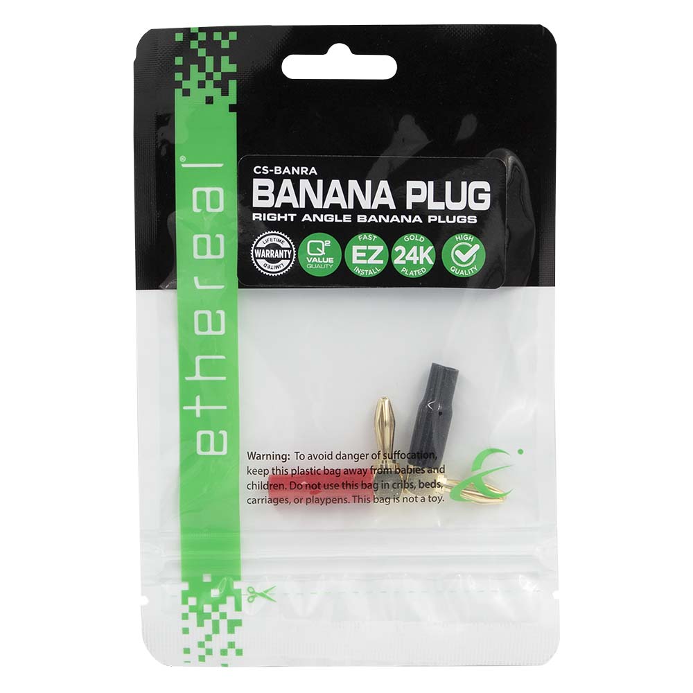 RIGHT ANGLE BANANA PLUGS, GOLD PLATED, 1 RED & 1 BLACK (1 PAIR)
