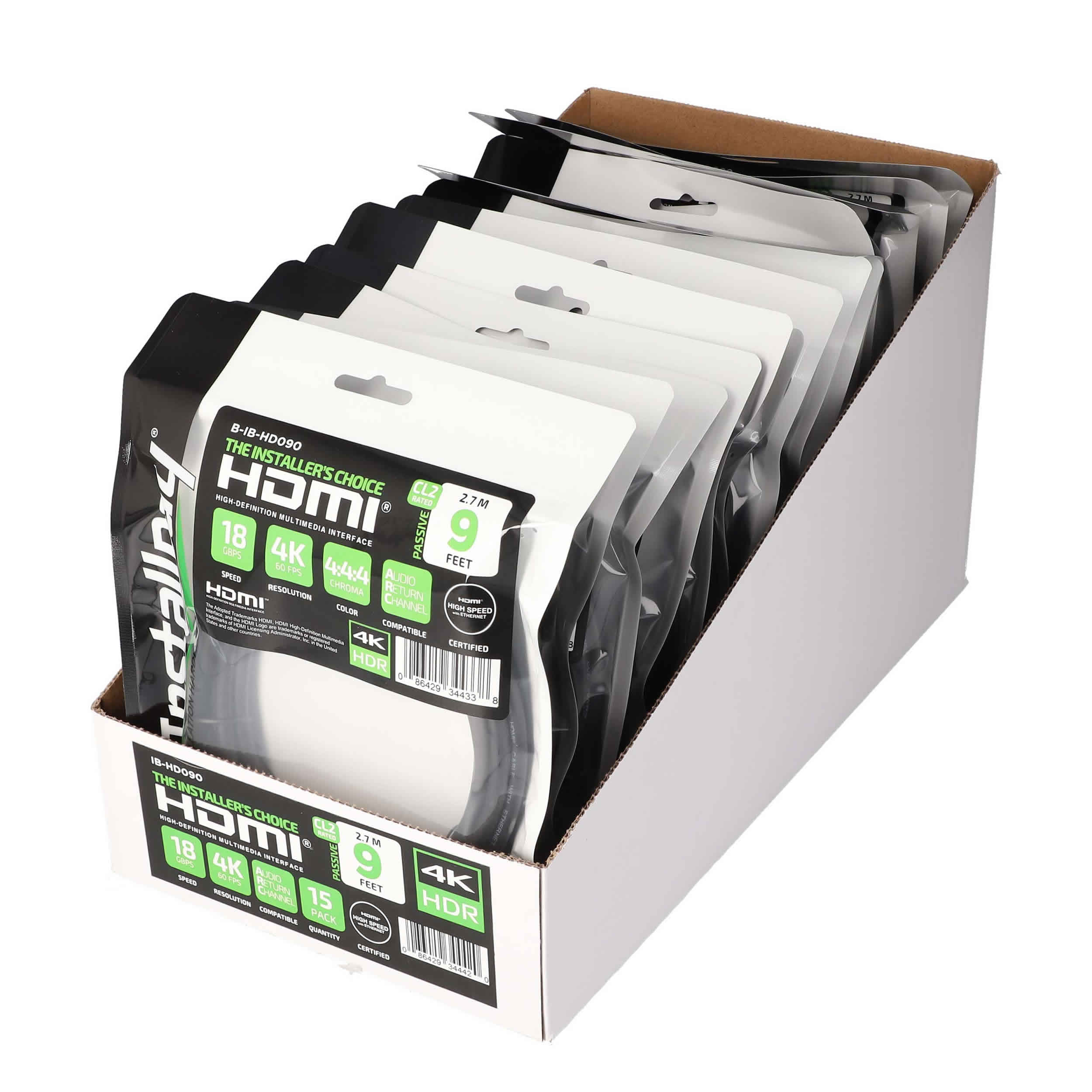 9FT HDMI CABLE 18GBPS HIGH SPEED, ARC/EARC, 15PK SHELF BOX