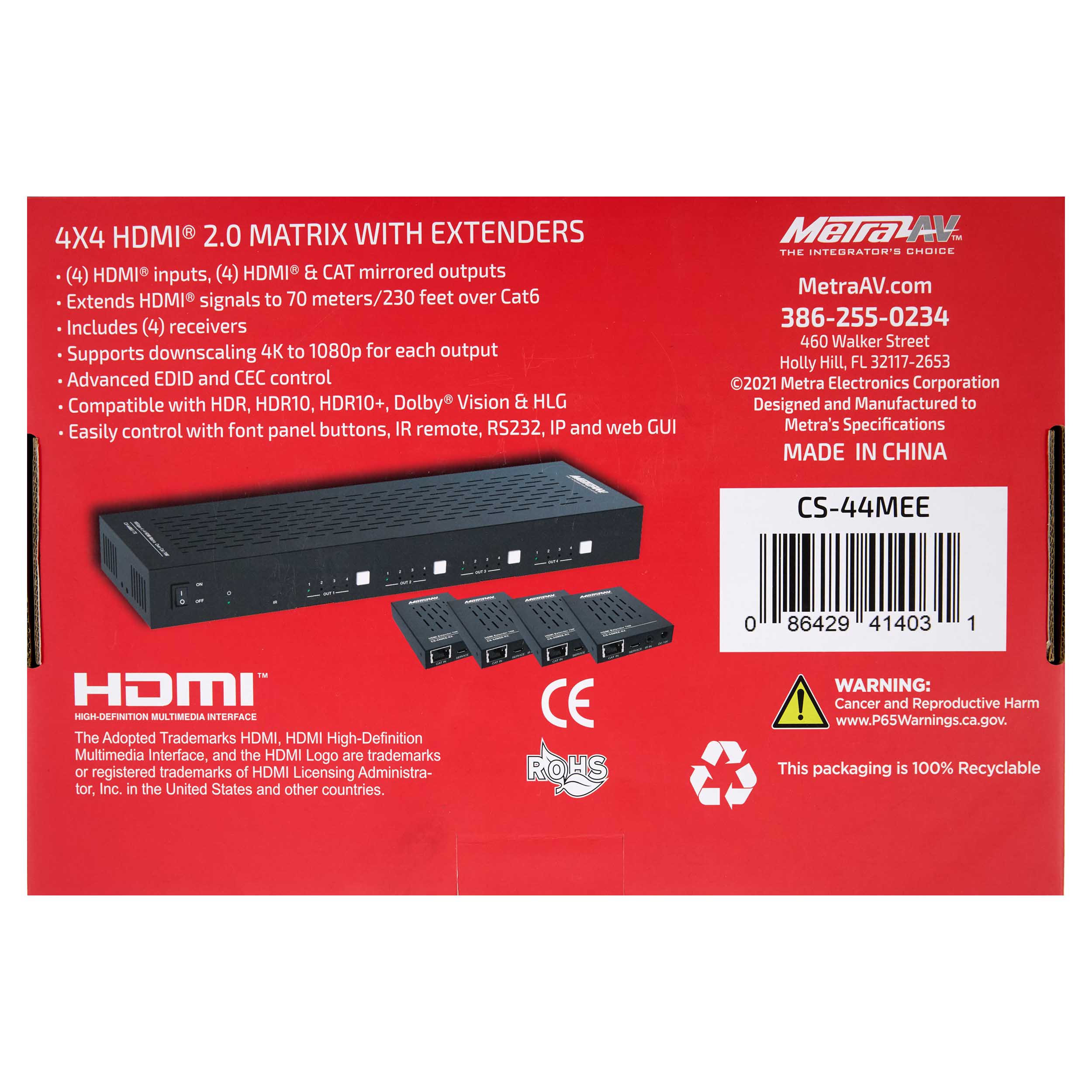4X4 HDMI/CAT6 MATRIX IR RECEIVERS & EMITTERS, 4K 70M