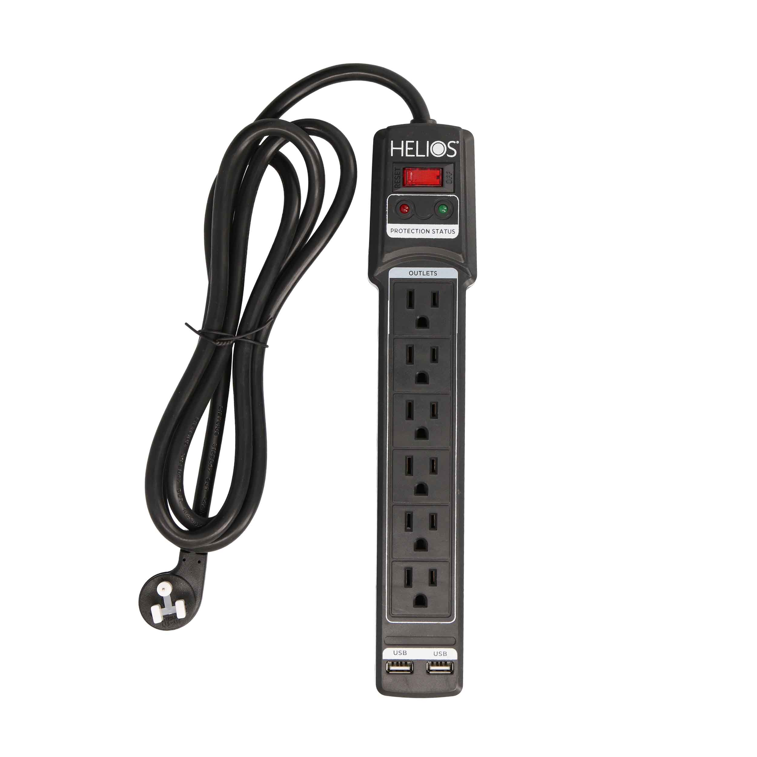 6-OUTLET 1080J SURGE PROTECTOR POWER STRIP WITH 2 USB 2.1A, RIGHT ANGLE PLUG, 6FT (BLACK)