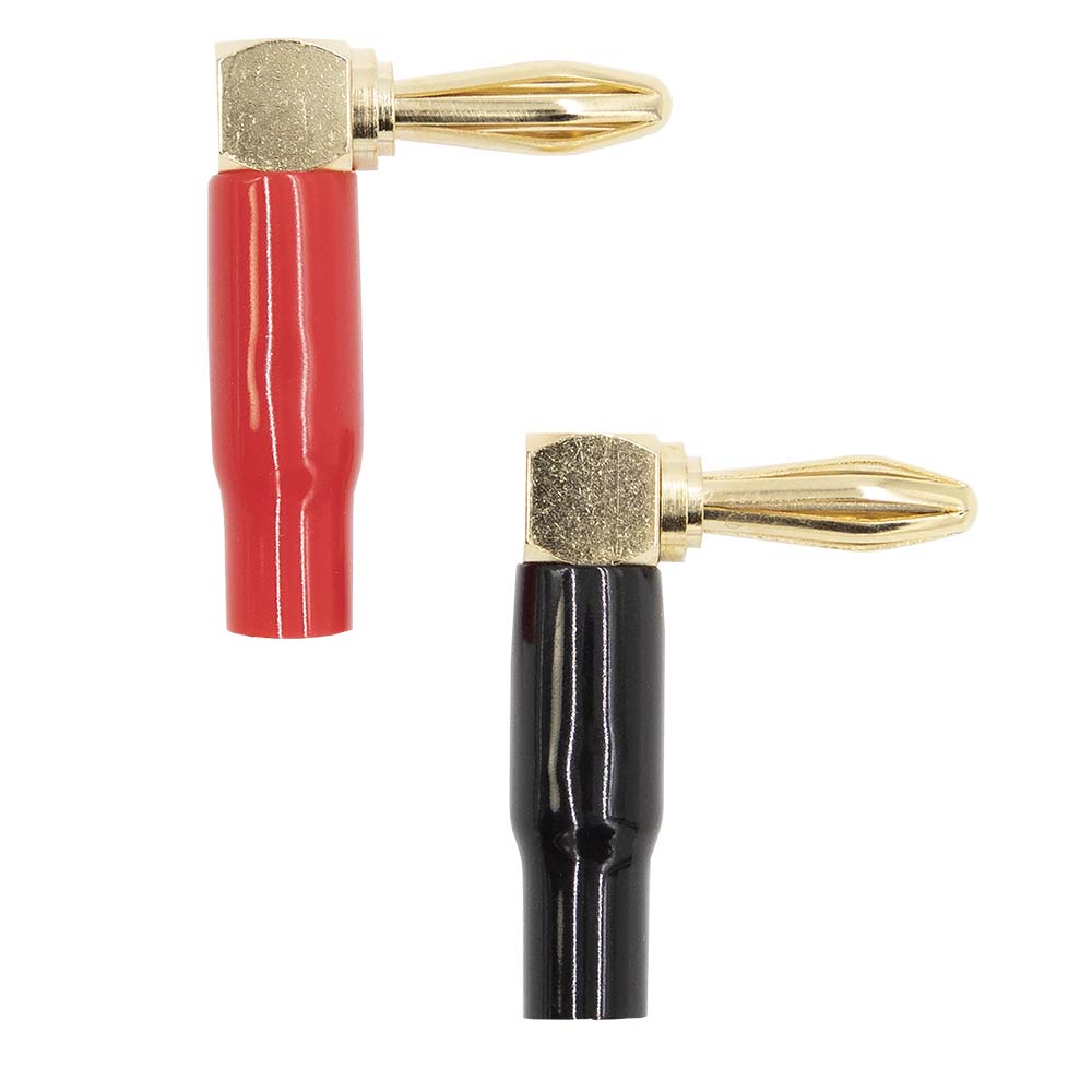 RIGHT ANGLE BANANA PLUGS, GOLD PLATED, 1 RED & 1 BLACK (1 PAIR)