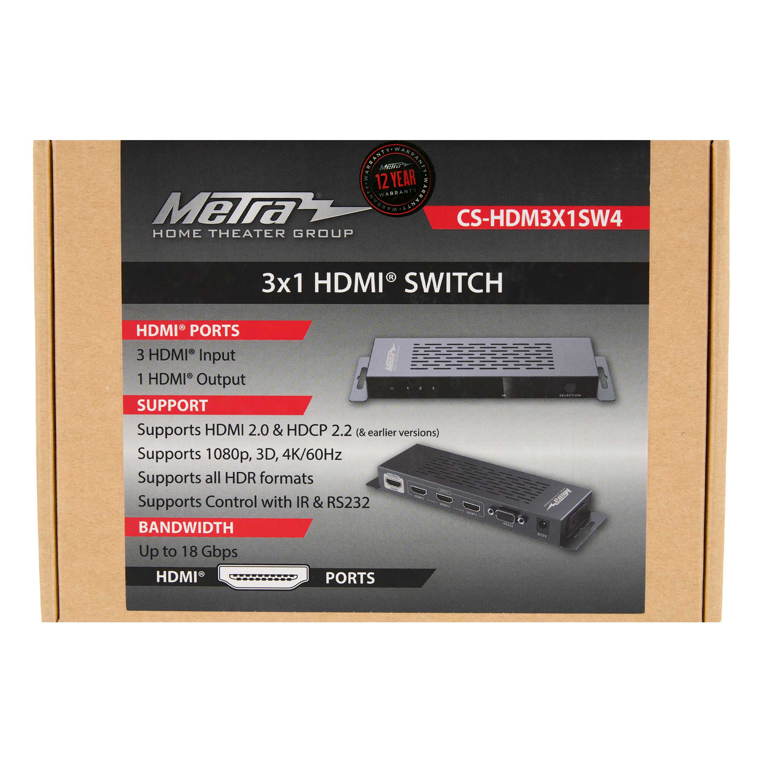 3-INPUT 1-OUTPUT HDMI 2.0 & HDCP 2.2 SWITCH, IR & RS232, 18 GBPS