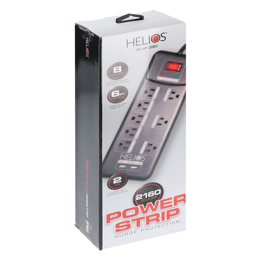 8-OUTLET 2160J SURGE PROTECTOR POWER STRIP WITH 2 USB 2.1A, RIGHT ANGLE PLUG, 6FT (BLACK)