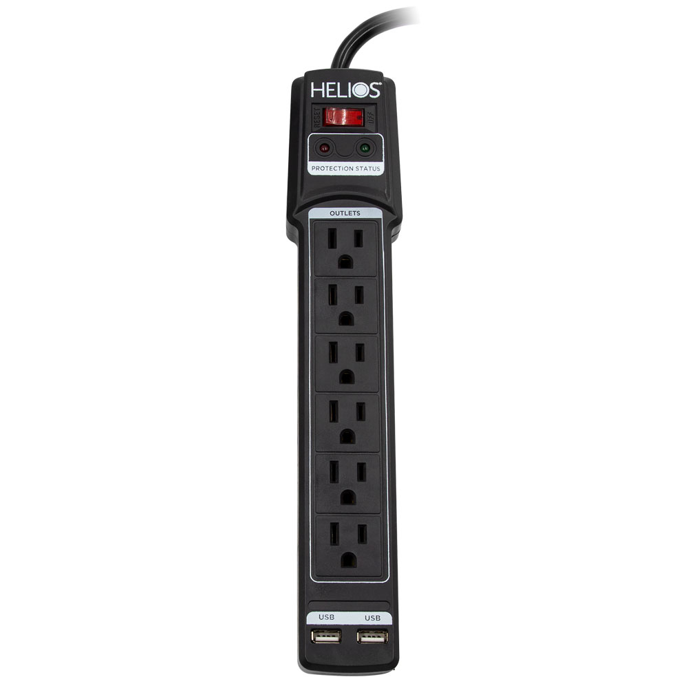 6-OUTLET 1080J SURGE PROTECTOR POWER STRIP WITH 2 USB 2.1A, STRAIGHT PLUG, 6FT (BLACK)