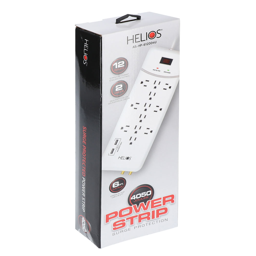 12-OUTLET 4050J SURGE PROTECTOR POWER STRIP WITH 2 USB 2.1A, RIGHT ANGLE PLUG, 6FT (WHITE)