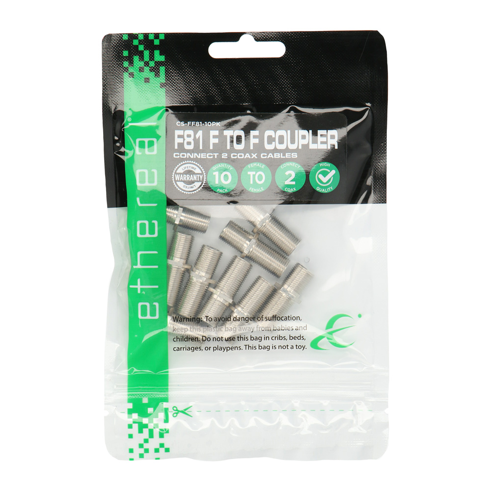 F81 F-TYPE FEMALE TO FEMALE COAXIAL BARREL COUPLERS (10 PACK)