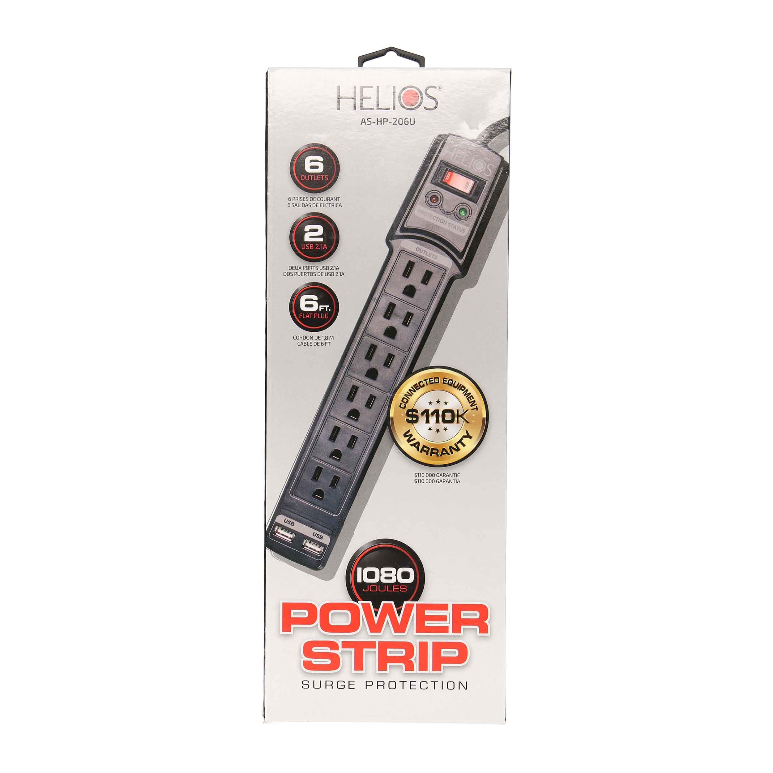 6-OUTLET 1080J SURGE PROTECTOR POWER STRIP WITH 2 USB 2.1A, RIGHT ANGLE PLUG, 6FT (BLACK)