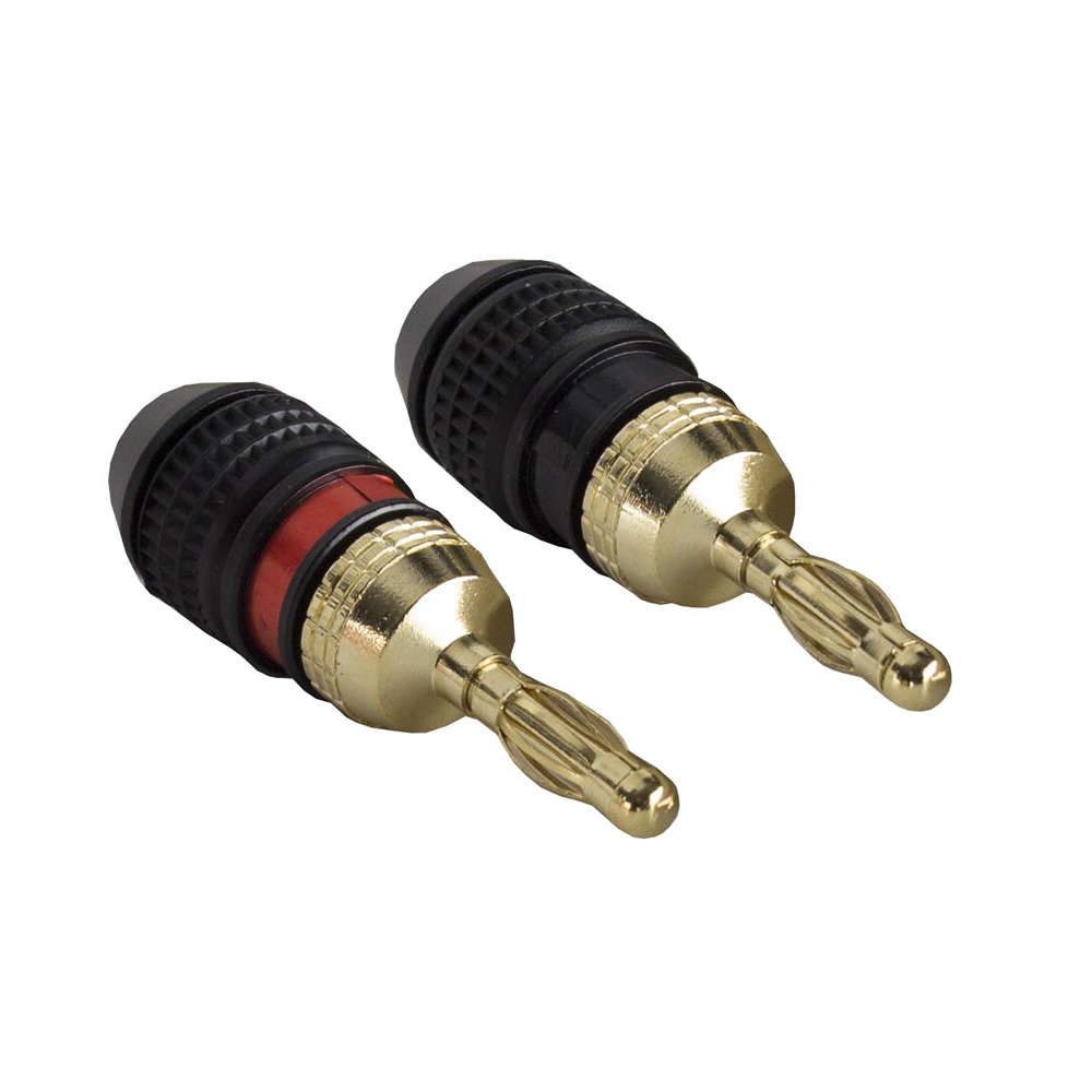 BANANA PLUGS, GOLD PLATED, PREMIUM LEVEL, 1 RED & 1 BLACK (1 PAIR)