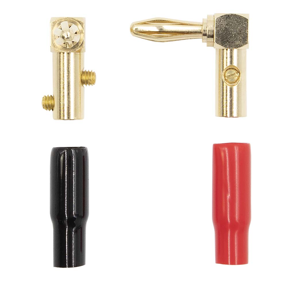 RIGHT ANGLE BANANA PLUGS, GOLD PLATED, 1 RED & 1 BLACK (1 PAIR)