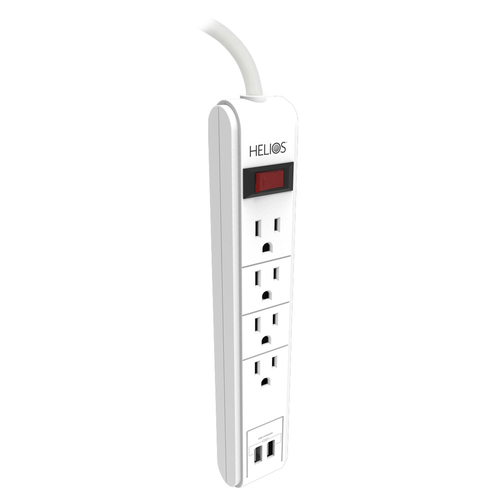 4-OUTLET 450J SURGE PROTECTOR POWER STRIP WITH 2 USB 2.1A, RIGHT ANGLE PLUG, 6FT (WHITE)