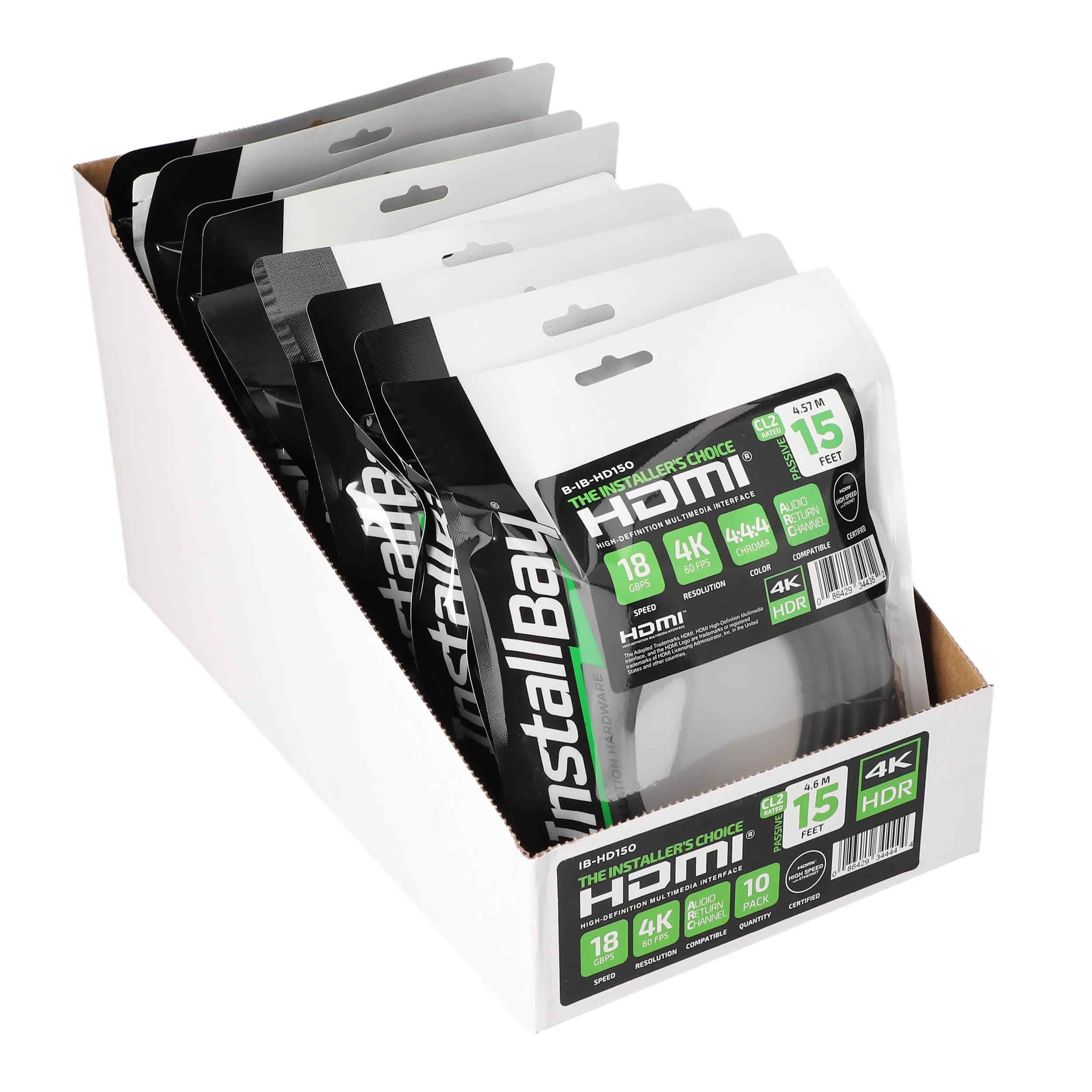 15FT HDMI CABLE 18GBPS HIGH SPEED, ARC/EARC, 10PK SHELF BOX