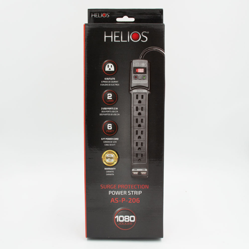 6-OUTLET 1080J SURGE PROTECTOR POWER STRIP WITH 2 USB 2.1A, STRAIGHT PLUG, 6FT (BLACK)