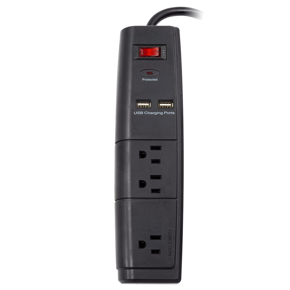 3-OUTLET 900J SURGE PROTECTOR POWER STRIP WITH 2 USB 2.1A, 4FT (BLACK)