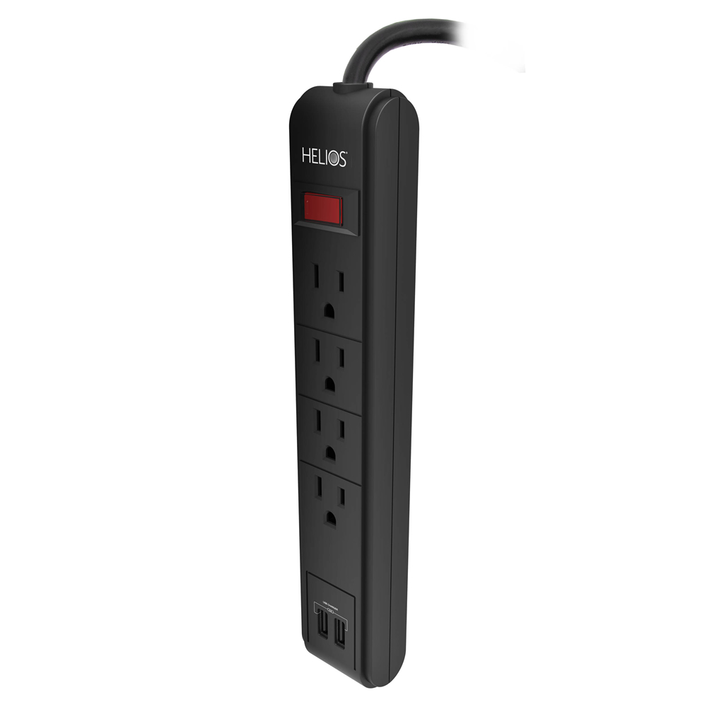 4-OUTLET 450J SURGE PROTECTOR POWER STRIP WITH 2 USB 2.1A, STRAIGHT PLUG, 6FT (BLACK)
