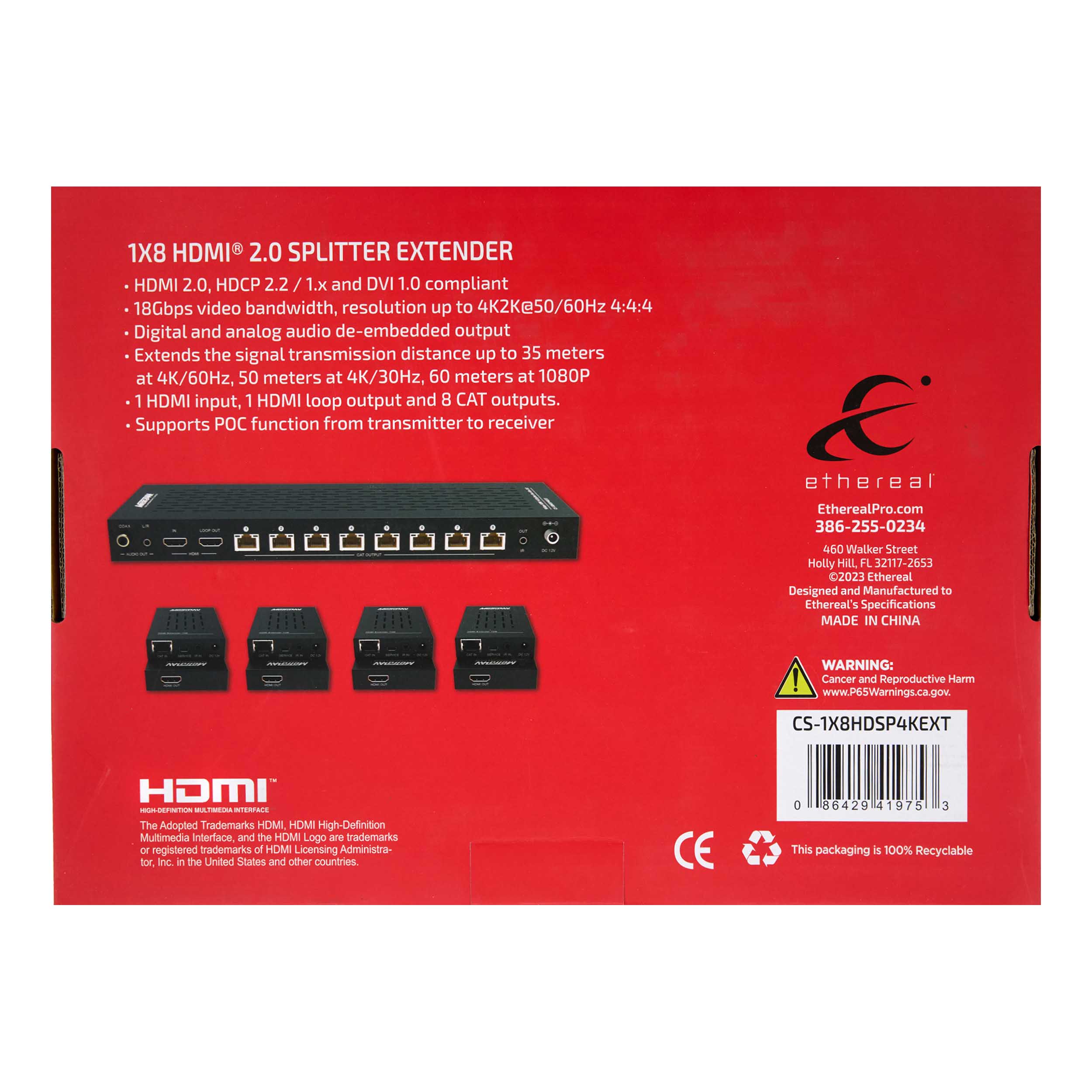 1X8 HDMI SPLITTER EXTENDER OVER CAT, IR PB, 18GBPS