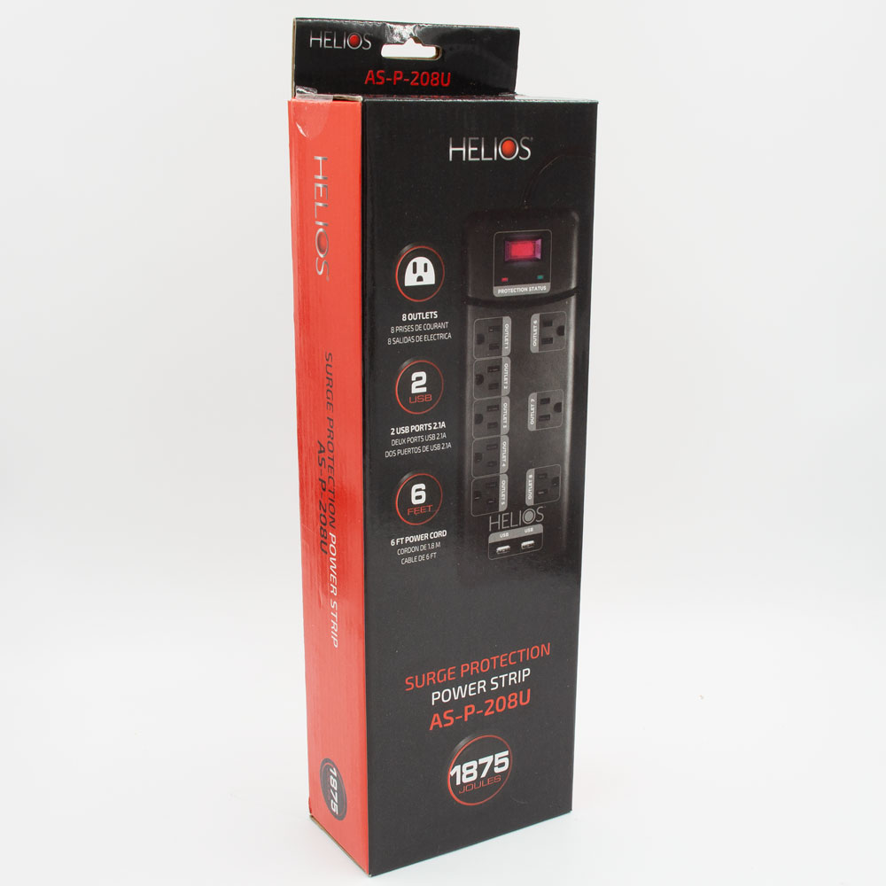 8-OUTLET 2160J SURGE PROTECTOR POWER STRIP WITH 2 USB 2.1A, STRAIGHT PLUG, 6FT (BLACK)