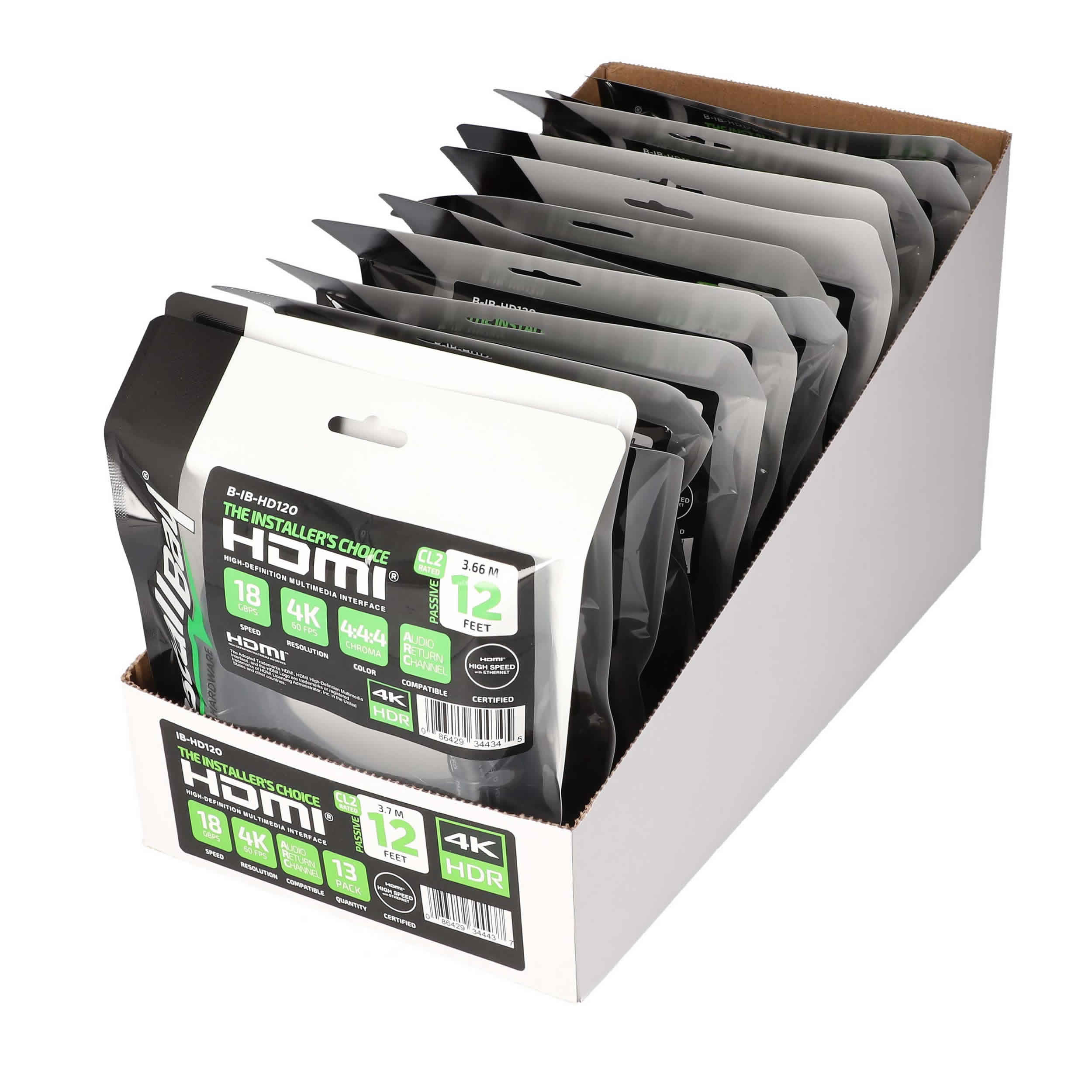 12FT HDMI CABLE 18GBPS HIGH SPEED, ARC/EARC, 13PK SHELF BOX