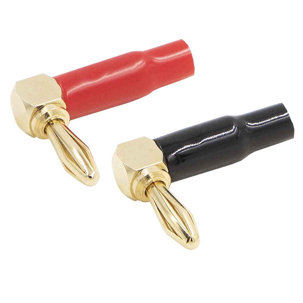 RIGHT ANGLE BANANA PLUGS, GOLD PLATED, 1 RED & 1 BLACK (1 PAIR)