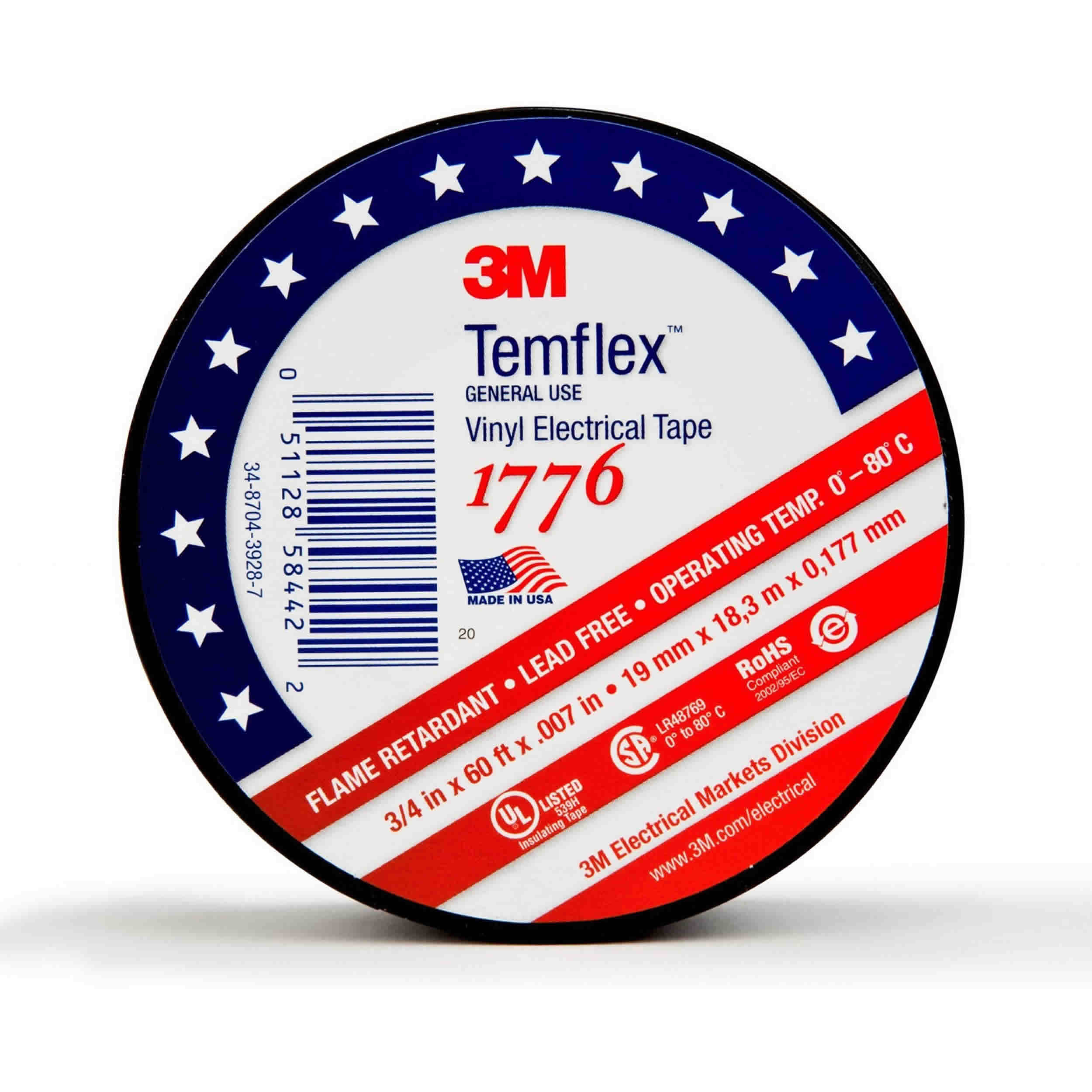 3M TEMFLEX VINYL ELECTRICAL TAPE, 3/4IN X 60FT, BLACK (1 ROLL)