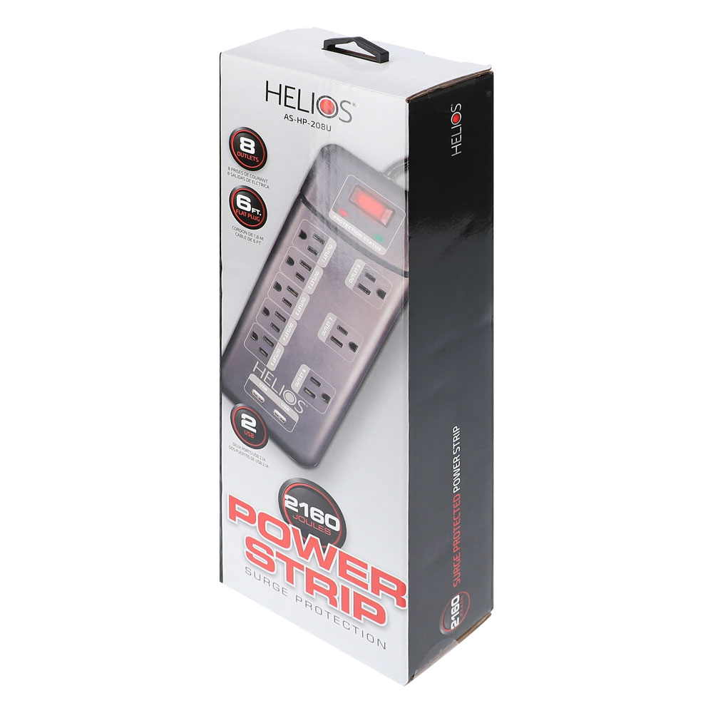 8-OUTLET 2160J SURGE PROTECTOR POWER STRIP WITH 2 USB 2.1A, RIGHT ANGLE PLUG, 6FT (BLACK)