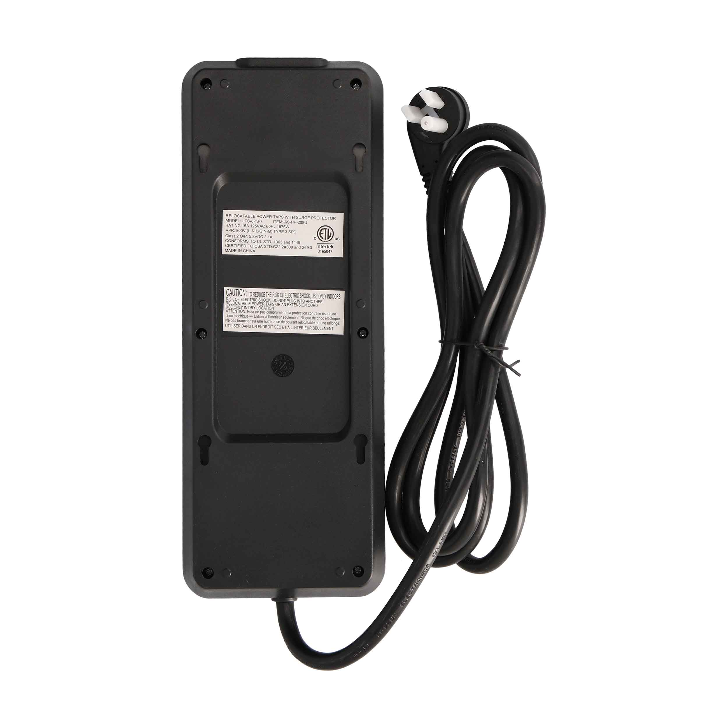 8-OUTLET 2160J SURGE PROTECTOR POWER STRIP WITH 2 USB 2.1A, RIGHT ANGLE PLUG, 6FT (BLACK)