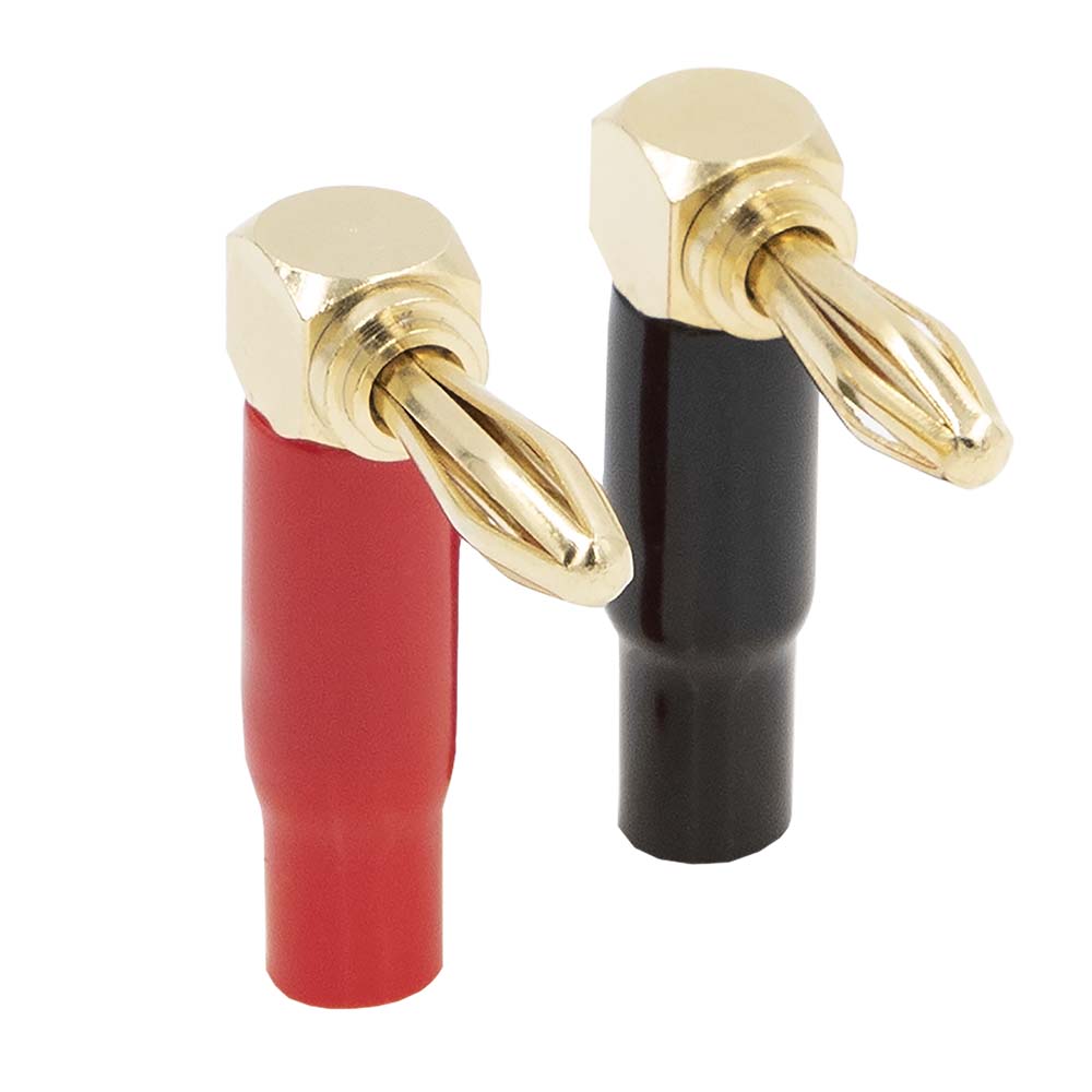 RIGHT ANGLE BANANA PLUGS, GOLD PLATED, 1 RED & 1 BLACK (1 PAIR)
